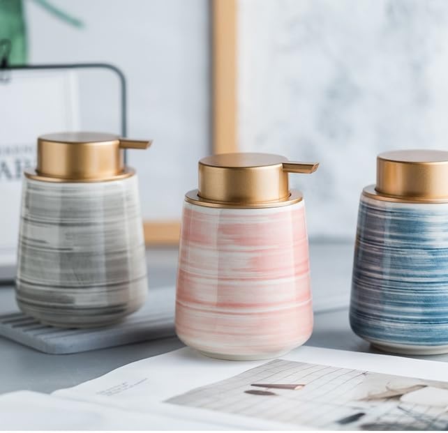 Modern Striped Style Gold Soap Dispenser for Bathroom, Ceramic Hand Soap Dispenser, Easy to Refill Liquid (Pink-Foam Pump)