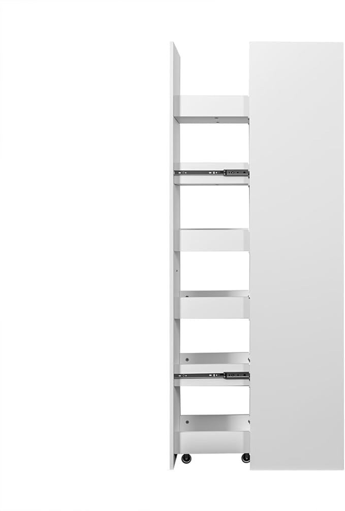 JOYSOURCE Tall Narrow Pull-Out Storage Shelf with Wheels 6-Tier Slim Rolling Storage Next to Fridge Spice Rack Shelves for Small Spaces, Kitchen, Laundry Room, White