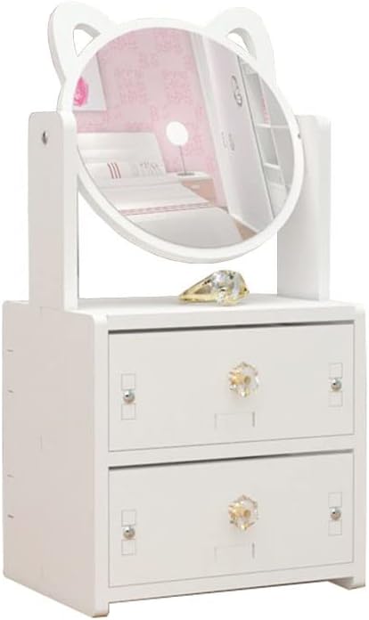 Makeup Organizer with Cabinet and Lipstick Shelf Box, Cat Ear Mirror, Cosmetics Storage Box, Dormitory Desktop Dresser, Jewelry Organizer