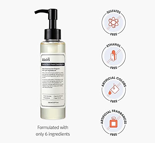 DearKlairs Gentle Black Fresh Cleansing Oil – Only 6 Ingredients, Korean Oil Cleanser for Oily & Sensitive Skin, Vegan Makeup Remover, Pore Cleansing, Double Cleansing Step 1, 5.07 Fl Oz
