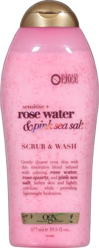 OGX Sensitive + Rose Water & Pink Sea Salt Exfoliating Body Scrub + Rose Quartz, Gentle Exfoliating Daily Wash Softens Skin, Body Scrub for Women, Sulfate-Free Surfactants, 19.5 fl oz (Pack of 3)