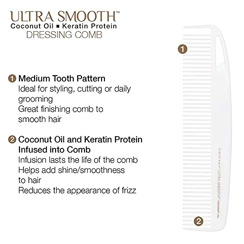 Cricket Ultra Smooth Coconut Dressing Comb - Infused with Coconut Oil & Keratin for Frizz-Free Shine, Ideal for Styling, Smoothing, and Cutting Shorter Hair