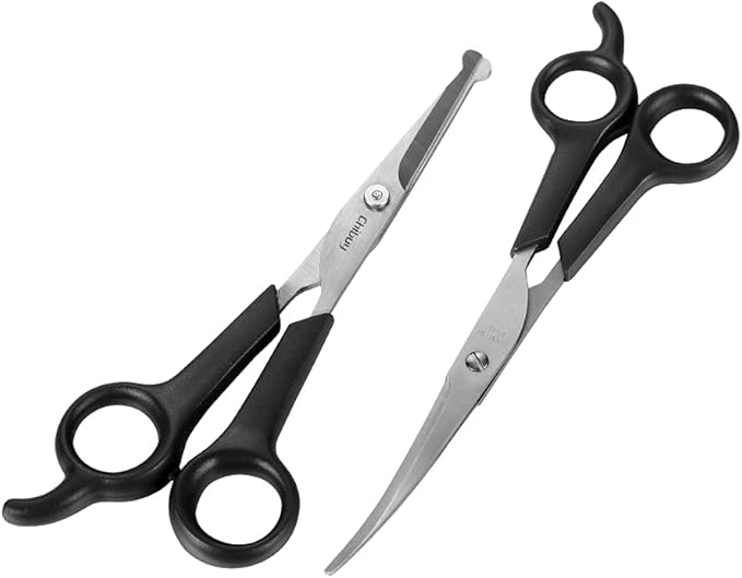 Chibuy Professional Dog Grooming Scissors Set, 2-Piece Kit with Round Tip Safety Scissors, Straight Cut & Curved Shears, Home Pet Grooming Tools for Dogs & Cats