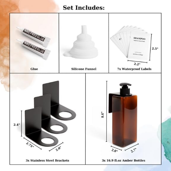 Shampoo and Conditioner Dispenser | 3 Plastic Amber 3 Wall Mount Black | Shampoo Dispenser with Waterproof Labels | No Drill | Shower Bottles Refillable with Pump