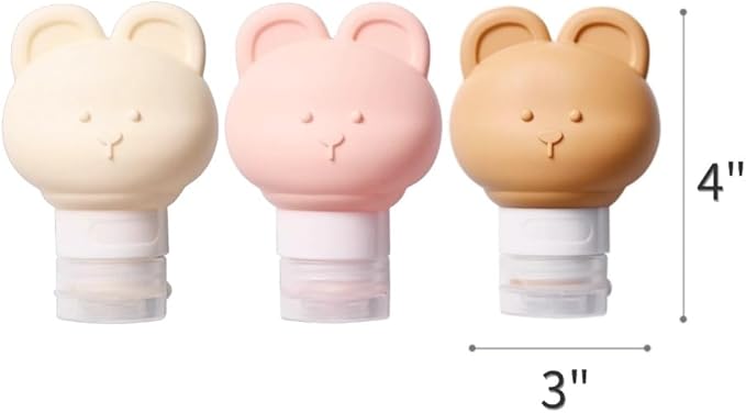 Cute Bear Travel Bottles Set for Toiletries 3 Pack 2.8oz 80ML Leak Proof Silicone Containers for Conditioner Shampoo Lotion (Pink)