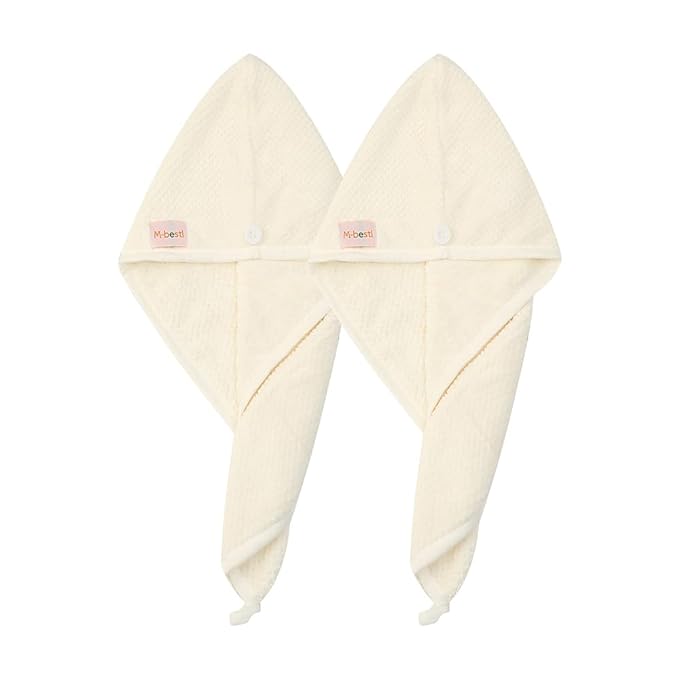 2 Pack Microfiber Hair Towel Wrap,Hair Drying Towel with Button, Absorbent and Soft,Anti-frizz Head Towel to Dry Hair Quickly(Beige&Beige)