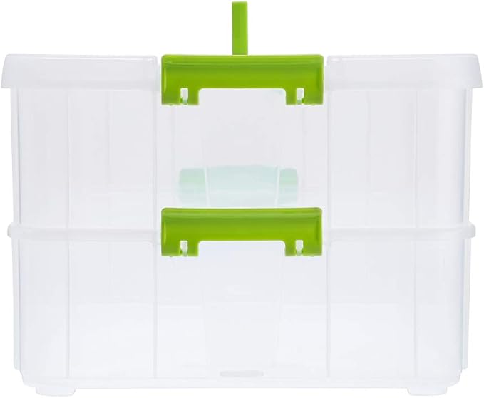 BTSKY 2 Layer Stack & Carry Box, Plastic Multipurpose Portable Storage Container Box Handled Organizer Storage Box for Organizing Stationery, Sewing, Art Craft, Jewelry and Beauty Supplies Green