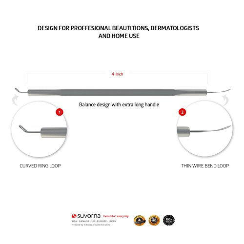 Suvorna Skinpal s25 - Whitehead & Blackhead Remover, Cleaner & Comedone Extractor 2 in 1. Made of Dermatologist Grade Surgical Steel. Approved by Best aestheticians, Comes with Product Guide & Pouch.