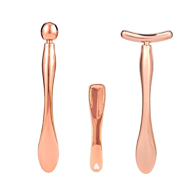 3Pcs Metal Eye and Face Cream Applicator Stick Cosmetics Spoon Spatula, Massager Tool for Facial Massage, Reduce Puffiness (Rose Gold)