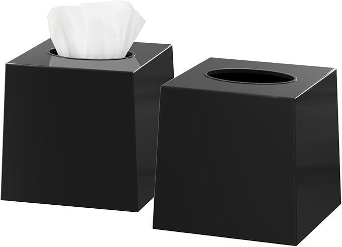2 Pack Black Tissue Box Cover – Square Tissue Box Holder for Bathroom Accessories Countertop, Decorative Tissue Cover and Square Cube Holder for Modern Home, Office or Dresser Décor
