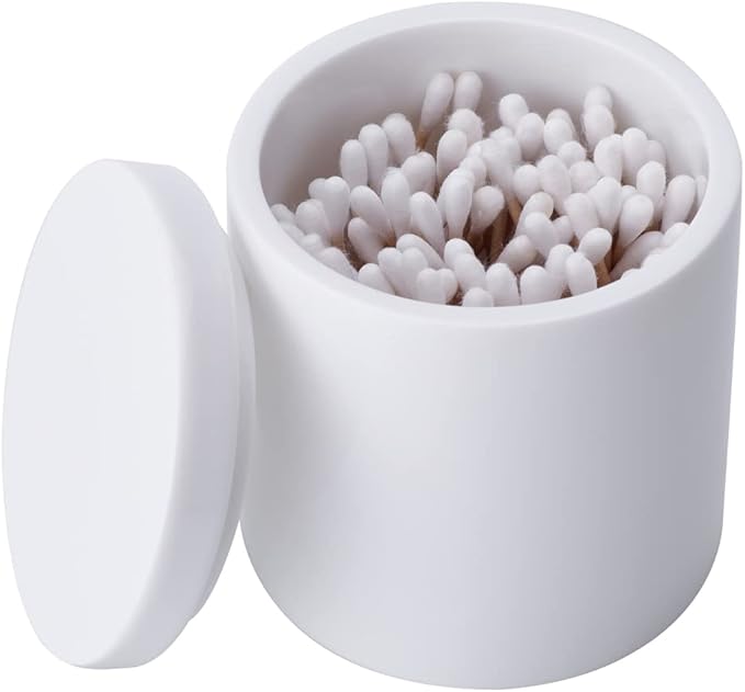 Cotton Swab Holder with Lid, White Qtip Holder Bathroom, Resin Cotton Ball Canister Jar Cosmetics Makeup Countertop Organizer Containers Canister Apothecary Jar