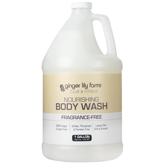 Ginger Lily Farms Club & Fitness Nourishing Body Wash, 100% Vegan & Cruelty-Free, Bath & Shower Gel for Men and Women, Fragrance Free, 1 Gallon (Pack of 4)