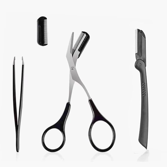 3-in-1 Eyebrow Scissors Kit，for Personal Facial Hair Removal,Multifunctional Ms. Exfoliating Beauty Tool，Including；Eyebrow Comb Scissors, Hair Removal Tweezers,Eyebrow Razor（Black