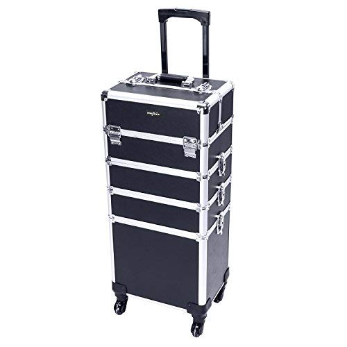 mefeir 4 in 1 Rolling Makeup Train Case, Aluminum Makeup Travel Organizer Cosmetic Case, Cosmetology Display Suitcase on Wheels, Beauty Storage Luggage Lockable w/4 Removable Wheels (Black)