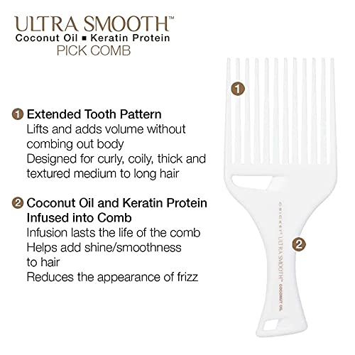 Cricket Ultra Smooth Coconut Hair Pick Comb - Infused with Coconut Oil & Keratin for Frizz-Free Shine and Volume, Ideal for Curly, Thick, and Textured Hair