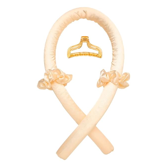 Heatless Curling Rod Headband No Heat Silk Ribbon Hair Roller Curls with Hair Claw Clip Lazy Natural Soft Wave DIY Styling Tool for Sleep in Overnight (Yellow)