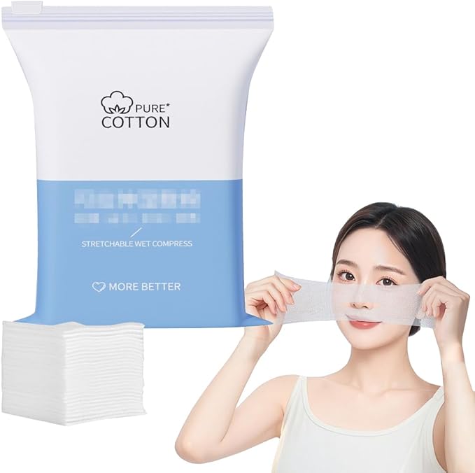 200PCS Makeup Facial Wet Cotton Pads Stretchable Wet Compress Facial Cotton Pads Cleansing Cotton Towel Makeup Remover Cotton Sheets with Hole Tear Mask Paper Towel for Daily Skin Care