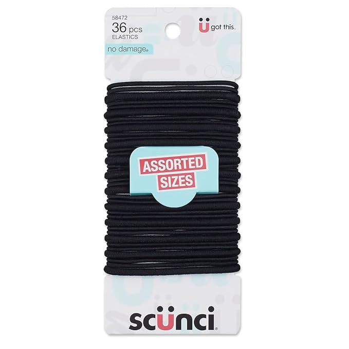 Scunci by Conair No Damage Assorted Sizes Elastics, for Women and Men, Elastic Hair Ties with No Damage in Black, 36 Pack