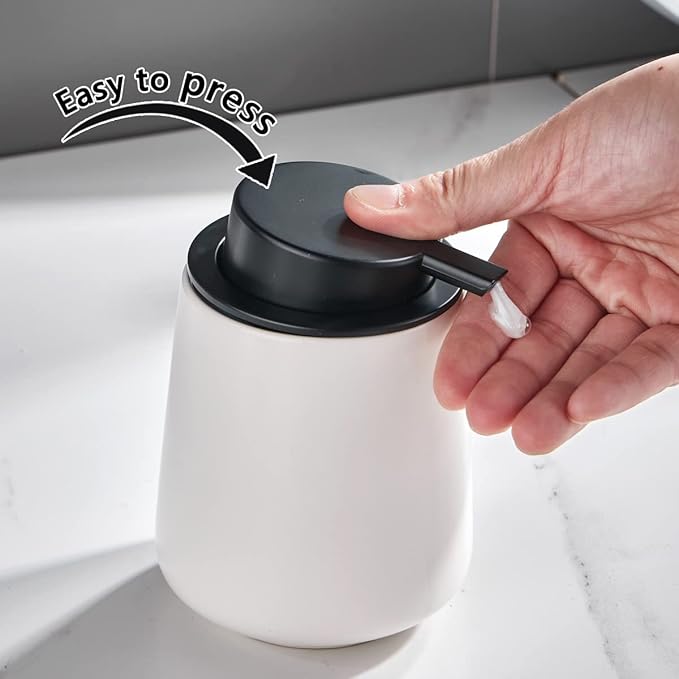 12Oz White Soap Dispenser Set - Ceramic Lotion Hand Soap Dispenser Set with Easy-to-Press Black Pump, Refillable Mordern Liquid Dish Soap Dispensers for Bathroom & Kitchen, 2 Pack