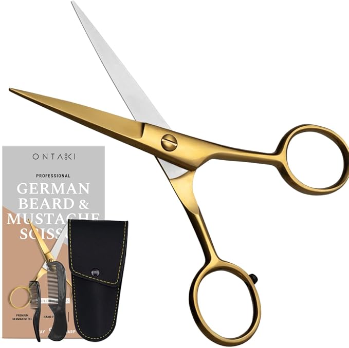 Ontaki Beard & Mustache Scissors for Men - 5inch, Gold Brass - 410C German Steel Durable, Ergonomic Design Travel Friendly Facial Hair Scissors - Beard Kit 2 Combs & Case Perfect for Styling