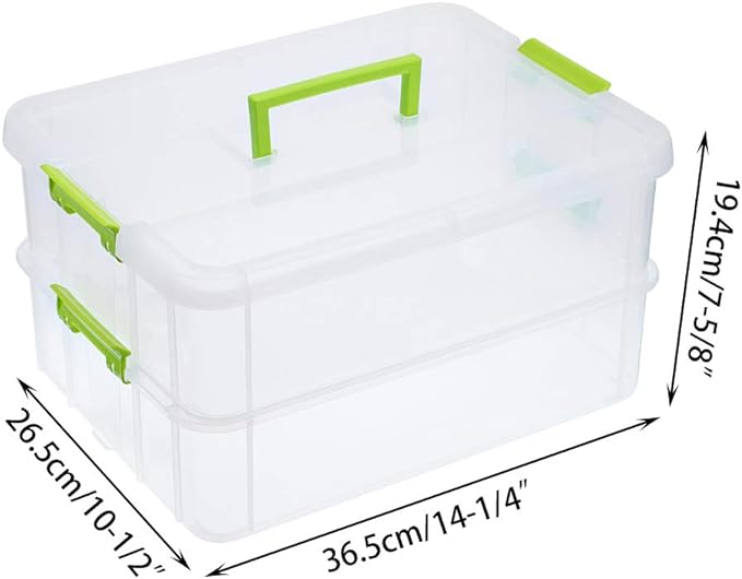 BTSKY 2 Layer Stack & Carry Box, Plastic Multipurpose Portable Storage Container Box Handled Organizer Storage Box for Organizing Stationery, Sewing, Art Craft, Jewelry and Beauty Supplies Green