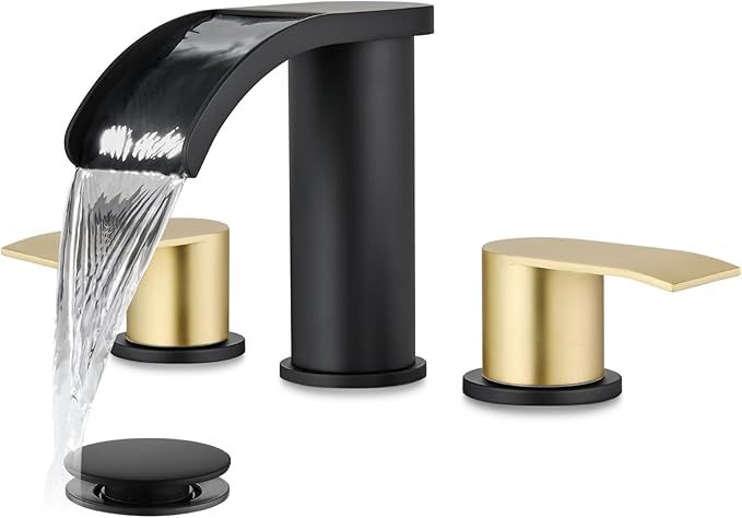 gotonovo Waterfall 8 inch Widespread Bathroom Faucet Set Bathroom Sink Faucet 3 Hole 2 Handle Vanity Lavatory Deck Mount with Pop Up Drain and Water Supply Lines Round Body Brushed Gold and Black