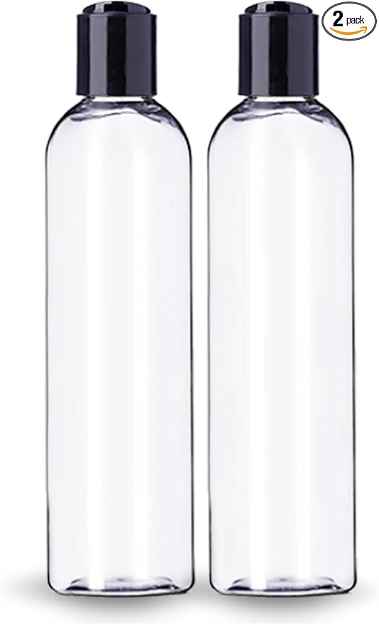 ljdeals 8 oz Clear Plastic Empty Bottles with Black Disc Top Caps, Refillable Containers for Shampoo, Lotions, Cream and More Pack of 2, BPA Free, Made in USA