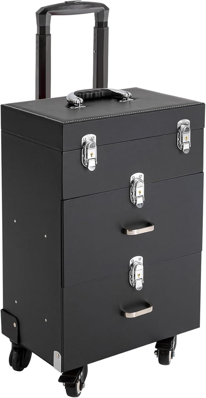 44.09lbs Lockable Makeup Train Case,Rolling Hairdressing Trolley,Beauty Salon Cosmetic Luggage with Universal Wheels for Hair Stylist,Make-up Artists (Black 6)