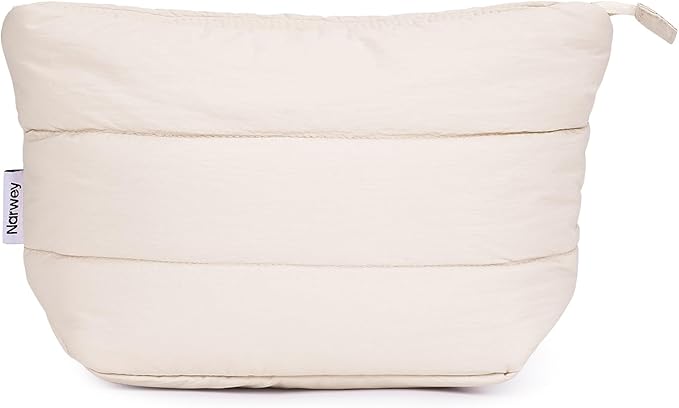 Narwey Small Travel Makeup Bag for Women Girl, Puffer Cute Make Up Organizer Bags, Puffy Cosmetic Bag Travel Toiletry Bag for Toiletries (Beige)