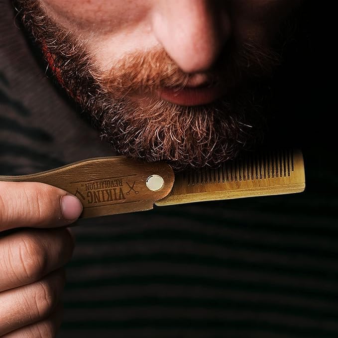 Folding Beard Comb w/Carrying Pouch for Men - All Natural Wooden Beard Comb w/Gift Box - Green Sandalwood Comb for Grooming & Combing Hair, Beards and Mustaches by Viking Revolution
