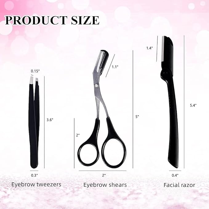 3-in-1 Eyebrow Scissors Kit，for Personal Facial Hair Removal,Multifunctional Ms. Exfoliating Beauty Tool，Including；Eyebrow Comb Scissors, Hair Removal Tweezers,Eyebrow Razor（Black