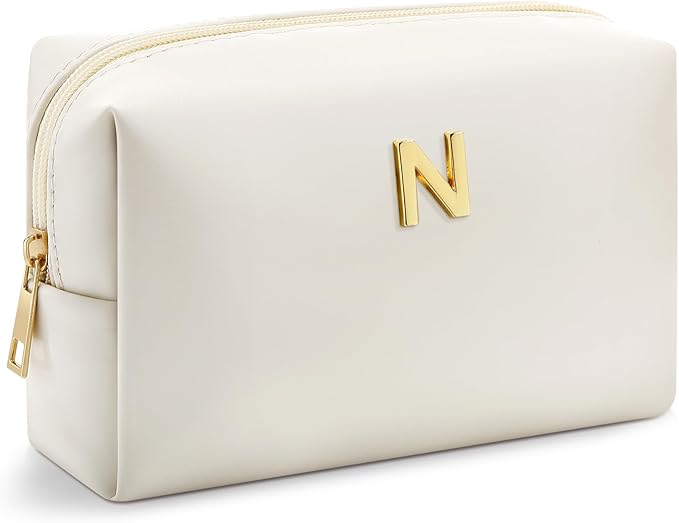 Kigeli Initial Makeup Bag for Women Beige Leather Easter Basket Gifts Monogram Cosmetic Bag Small Travel Toiletry Pouch Wedding Birthday Graduation Bridesmaid Gifts for Teen Girls Women Teachers(N)