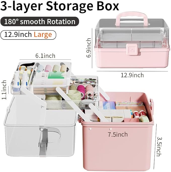 12.9in Three-Layer Multipurpose Storage Box with Handle Portable Tackle Box Folding Art & Craft Case Sewing Supplies Organizer for Makeup, Medicine, Nail, Hair Accessories(Blue)