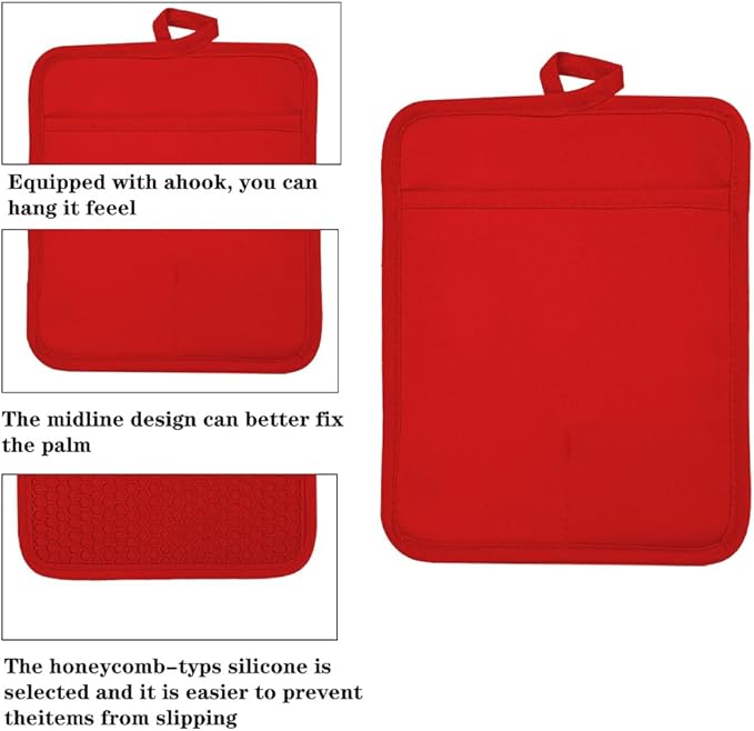 Oven Pot Holder with Pocket Cotton Heat Resistant Coaster Potholder Kitchen Hot Pad Oven Mitts for Cooking and Baking Square 7"x9" (Red, Silicone)