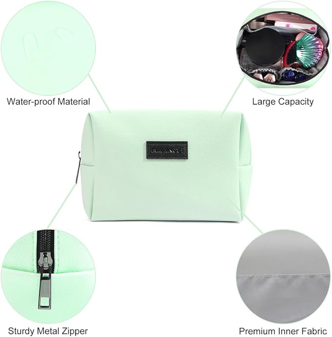 MAANGE Small Makeup Bag For Purse, Travel Cosmetic Bag Makeup Pouch PU Leather Portable Versatile Zipper Pouch For Women (Green)