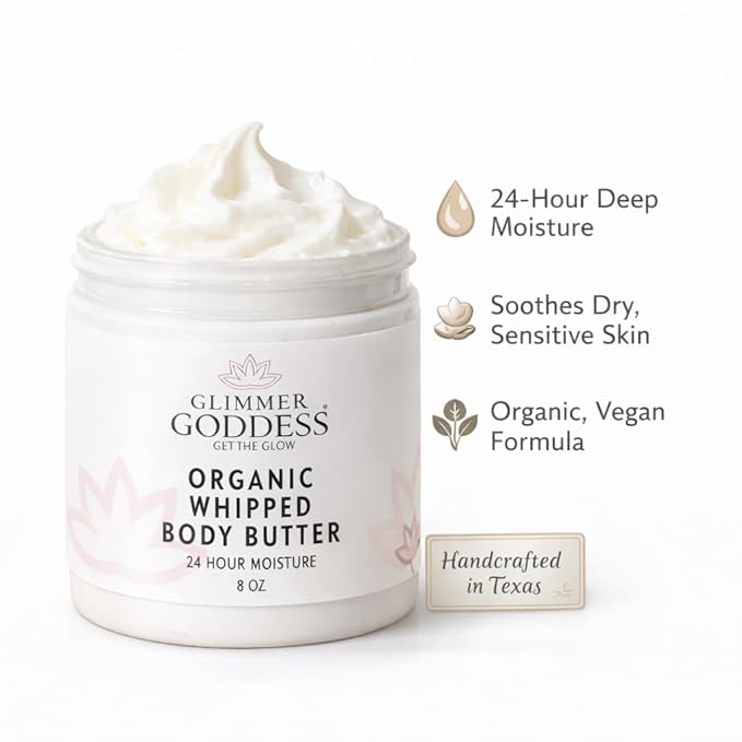 GLIMMER GODDESS Organic Whipped Body Butter for Women - Moisturizer Cream with Shea & Cocoa Butter, Almonds & Coconut Oil - Coconut, 8oz
