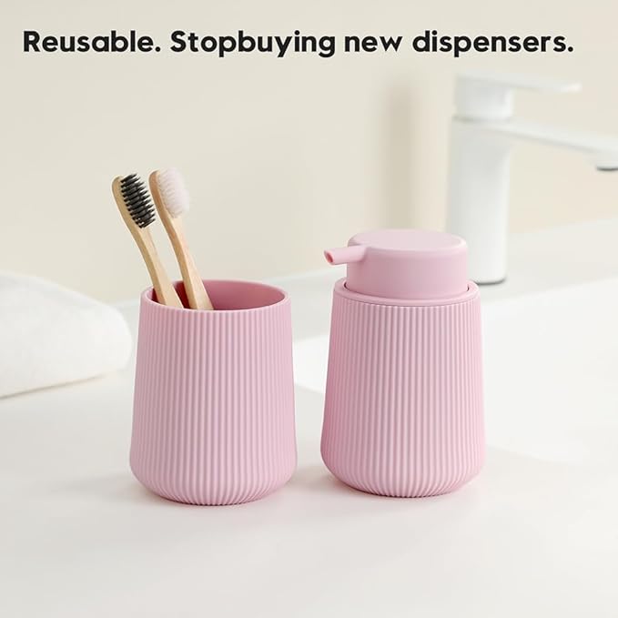 Striped Liquid Hand Soap Dispenser with Leak-Proof Pump for Bathroom and Kitchen Countertop 11 oz Pink