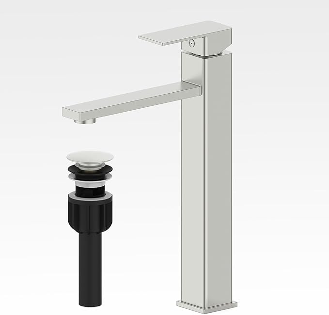 Bathroom Faucets, Brushed Bathroom Sink Faucet Set with Pop Up Drain, Single Hole Single Handle High Barrel Sink Vanity Faucet, Stainless Steel Lead-Free