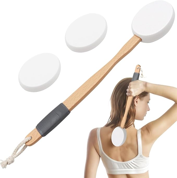 Lotion Applicator for Back 17'' Long Handled Back Cream Applicator with 2 Replacement Pads, Back Applicator for Cream Moisturiser, Long Wooden Handle Back Lotion Applicator for Skincare(White)