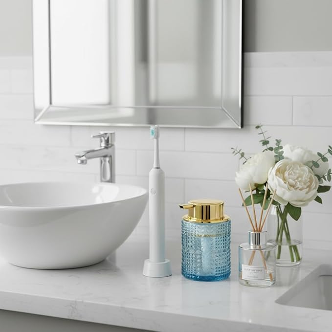 Foaming Soap Dispenser, 2pcs Blue Glass Foam Soap Dispenser with Gold Pump, Refillable 10oz Lotion Liquid Container Pump Bottle for Bathroom Kitchen Countertop