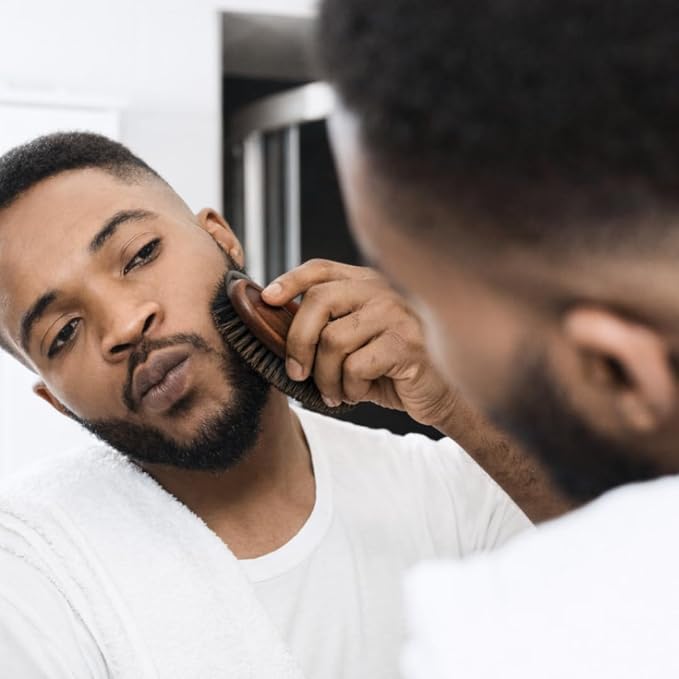 Beard Brush for Men, Natural Boar Bristles, Black Oval Wave Brush, Warp Resistant Wood Handle, for Fuller Thicker Hair, Beard & Mustache Growth, Exfoliation (Black)