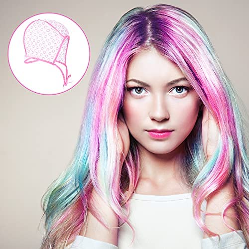 Waydress 6 Pieces Highlight Hair Cap Salon Hair Coloring Highlighting Dye Tipping Cap Frosting Caps with 4 Pieces Highlighting Needles Crochet Hooks for Dyeing Hairdressing Tool(Purple/Blue/Pink)