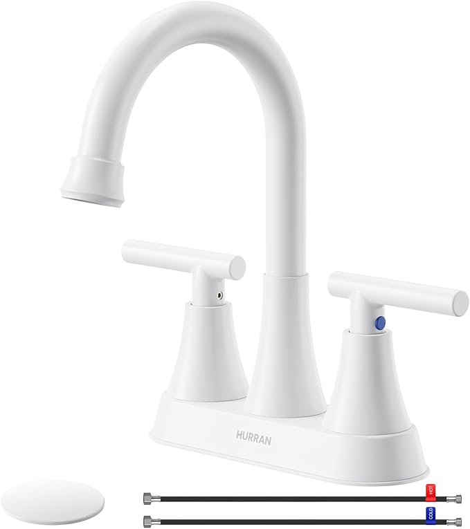 Bathroom Faucets for Sink 3 Hole, Hurran 4 inch Bathroom Sink Faucet with Pop-up Drain and Supply Hoses, Stainless Steel Lead-Free Centerset Faucets for Sink Vanity RV, White