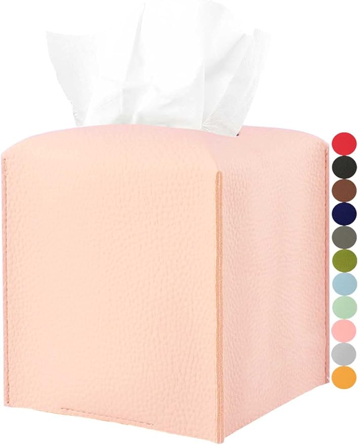 Pink Tissue Box Cover Leather – with Bottom Belt [JESMINI] Decorative Modern PU Leather Tissue Box Holder for Bathroom Vanity/Night Stands/Office