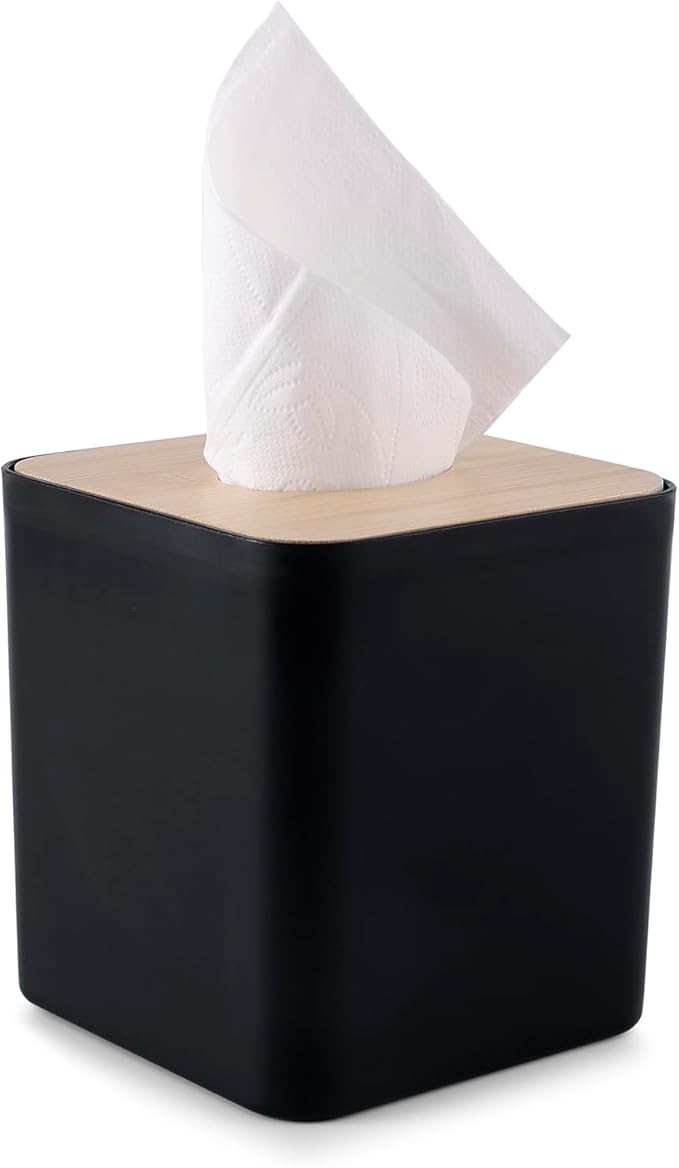 Square Tissue Box Cover,Black Tissue Box Holder,Bamboo Facial Cube Box Cover for Storage on Bathroom Vanity, Countertop, Bedroom Dresser