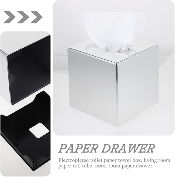 ABS Plastic Square Tissue Box Cover Facial Tissue Holder Silver Square Holder for Bathroom Vanity Countertops Bedroom Dresser Night Stand 5.38X5.38X5.11In Non-Stainless Steel
