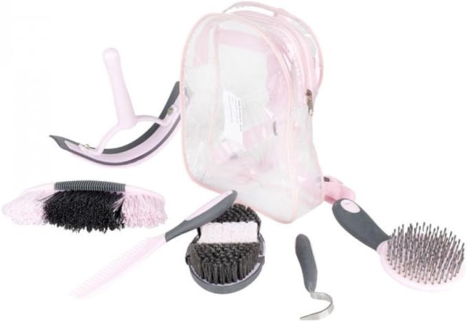 HORZE 6-Piece Easy Clean Horse Grooming Set with Convenient Storage Bag - Pink/Grey - One Size