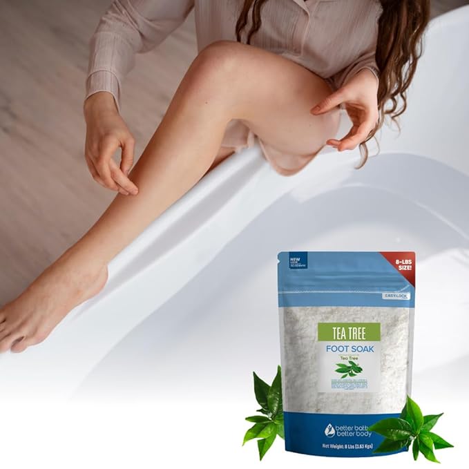 Tea Tree Foot Soak 128 Ounces (8 Lbs) Epsom Salt with Natural Scent Tea Tree and Lavender Pure Essential Oils Plus Vitamin C in BPA Free Pouch with Easy Press Lock Seal Made in USA