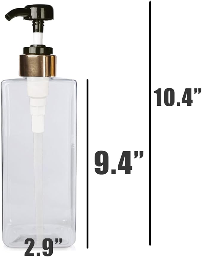 Empty Plastic Square Bottles Pump Shampoo Conditioner Body Wash Face, in Shower Bathroom Dispenser, Waterproof Permanent Labels, 27oz 800ml Set of 4 (Clear Plastic, Gold Black Pump)