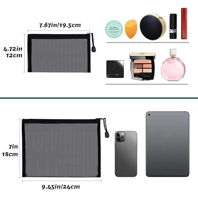6 Pack Mesh Cosmetic Bags, Nylon Makeup Pouches with Zipper for Home Office Purse Diaper Bag (Black)